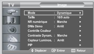 TV Image Mode : Dynamique ▶ Taille : 16/9 auto ▶ NR numérique : Marche ▶ DNle Démo : Arrêt ▶ Contrôle Couleur ▶ Contraste Dynam. : Marche ▶ Capteur Luminos. : Arrêt ▶ PIP ▶ Déplacer Entrer Retour