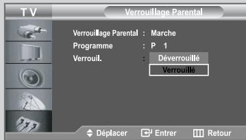 TV Verrouillage Parental Verrouillage Parental : Marche Programme : P 1 Verrouil. : Déverrouillé Verrouillé Déplacer 3 Entrer 1 Retour