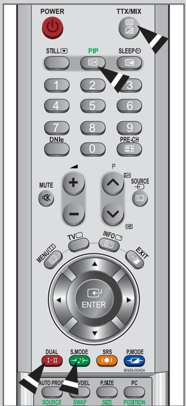 POWER TTX/MIX STILL PIP SLEEP 1 2 3 4 5 6 7 8 9 DNIe 0 PRE-CH MUTE + - P SOURCE MENUO TV INFO EXIT ENTER DUAL S.MODE SRS P.MODE I-II BN59-00454 AUTO PROC MODEL P,SIZE PC SOURCE SWAP SIZE POSITION