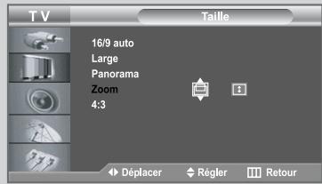 TV Taille 16/9 auto Large Panorama Zoom 4:3 Déplacer Régler Retour