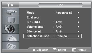TV Son Mode : Personnalisé ▶ Egaliseur ▶ SRS TSXT : Arrêt ▶ Volume auto : Arrêt ▶ Silence Int. : Arrêt ▶ Sélection du son : Principal ▶ Déplacer G Entrer III Retour