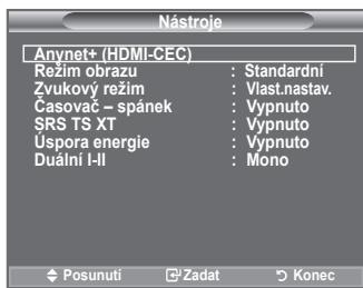 Nástroje Anynet+ (HDMI-CEC) Režim obrazu : Standardni Zvukový režim : Vlast.nastav. Časovač – spánek : Vypnuto SRS TS XT : Vypnuto Úspora energie : Vypnuto Duální I-II : Mono