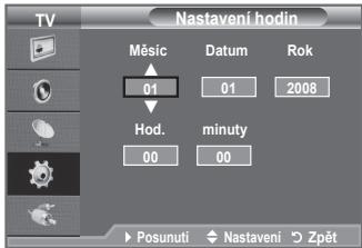 TV Nastavení hodin Měsíc Datum Rok 01 01 2008 Hod. minuty 00 00 Posunutí Nastavení Zpět