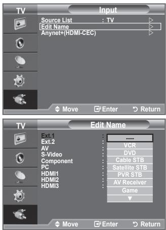 TV Source List : TV Edit Name Anynet+(HDMI-CEC) Move Enter Return TV Edit Name Ext.1 Ext.2 AV S-Video Component PC HDMI1 HDMI2 HDMI3 VCR DVD Cable STB Satellite STB PVR STB AV Receiver Game Move Enter Return