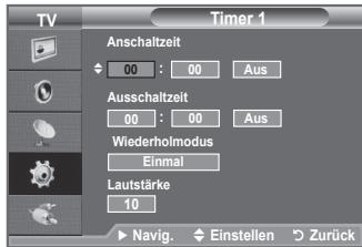 TV Timer 1 Anschaltzeit 00 : 00 Aus Ausschaltzeit 00 : 00 Aus Wiederholmodus Einmal Lautstärke 10 Navig. Einstellen Zurück