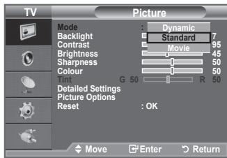 TV Picture Mode : Dynamic Backlight Standard 7 Contrast 95 Brightness Movie 45 Sharpness 1 50 Colour 1 50 Details Settings Picture Options Reset : OK Move Enter Return