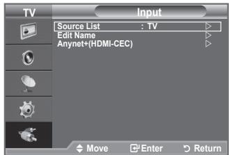 TV Input Source List : TV Edit Name Anynet+(HDMI-CEC) Move Enter Return