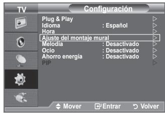 TV Configuración Plug & Play Idioma : Español Hora Ajuste del montaje mural Melodia : Desactivado Ocio : Desactivado Ahorro energía : Desactivado PIP Mover Entrar Volver