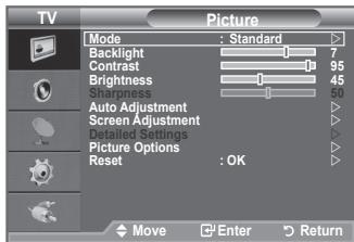 TV Picture Mode : Standard Backlight 7 Contrast 95 Brightness 45 Sharpness 10 Auto Adjustment Screen Adjustment Detailed Settings Picture Options Reset : OK Move Enter Return