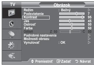 TV Režim : Bežný Podsvietenie 7 Koħtrast 95 Jas 45 Osšrost 50 Farba 50 Odlant Z 50 C 50 Podrobné nastavenia Możnosti obrazu Vynulovat' : OK Premiestnil' Zadat' Návrat