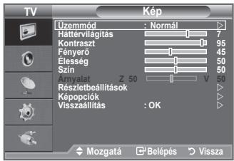 TV Kép Üzemmod : Normál Hattervilágítás 7 Kontraszt 95 Fényerő 45 Elesség 50 Szin 50 Árnyalat Z 50 V 50 Részletbéállítások Képopciók Visszaállítás : OK Mozgatá Belépés Vissza