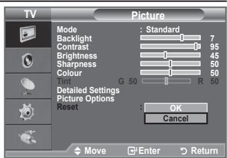 TV Picture Mode : Standard Backlight 7 Contrast 95 Brightness 45 Sharpness 50 Colour 50 G 50 R 50 Detailed Settings Picture Options Reset : OK Cancel Move Enter Return