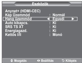 Eszközök Anynet+ (HDMI-CEC) Kép Üzemmód : Normál Hang üzemmód ◀ Egyedi ► Auto kikapcs. : Ki SRS TS XT : Ki Energiagazd. : Ki Kettős I/II : Monó
