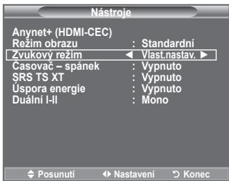 Nástroje Anynet+ (HDMI-CEC) Režim obrazu : Standardní Zvukovy režim ▶ Viast.nastav. ▶ Casovač – spánek : Vypnuto SRS TS XT : Vypnuto Úspora energie : Vypnuto Duální I-II : Mono
