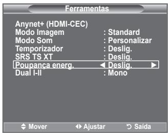 Ferramentas Anynet+ (HDMI-CEC) Modo Imagem : Standard Modo Som : Personalizar Temporizador : Deslig. SRS TS XT : Deslig. Poupança energ. ▶ Deslig. ▶ Dual I-II : Mono Mover ▶ Ajustar ○ Saída