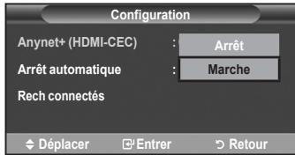 Configuration Anynet+ (HDMI-CEC) : Arrêt Arrêt automatique : Marche Rech connectés Déplacer Entrer Retour