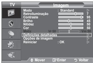 TV Imagem Modo : Standard Retroiluminação 7 Contraste 95 Brilho 45 Nitidez 50 Cor 50 Voliz Vr 50 Vm 50 Definições detalhadas Opções de imagem Reiniciar : OK Mover Enter Voltar
