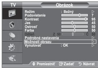 Obrázok Režim : Bežný Podsvietenie 7 Kontrast 95 Jas 45 Ostroš 50 Farba 50 Globa Z 50 C 50 Podrobné nastavenia Moznosti obrazu Vynulovat : OK Premiestnit' Zadat' Návrat