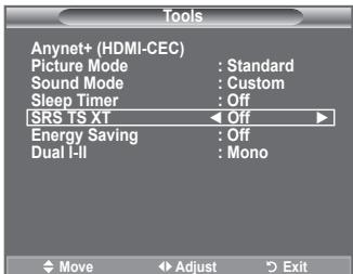 Tools Anynet+ (HDMI-CEC) Picture Mode : Standard Sound Mode : Custom Sleep Timer : Off SRS TS XT ← Off ► Energy Saving : Off Dual I-II : Mono Move Adjust Exit