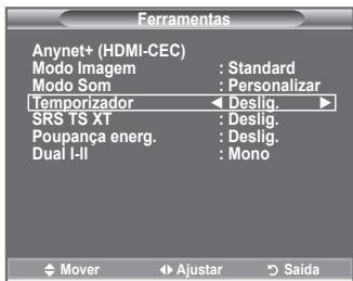 Ferramentas Anynet+ (HDMI-CEC) Modo Imagem : Standard Modo Som : Personalizar Temporizador ← Deslig. ► SRS TS XT : Deslig. Poupança energ. : Deslig. Dual I-II : Mono Mover ↕ Ajustar → Saída