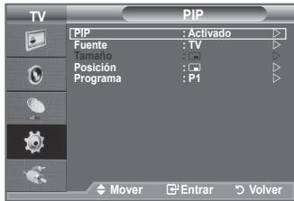 TV PIP [PIP : Activado] Fuente : TV Tamaño : 100 Posición : Programa : P1 Mover Enrar Volver
