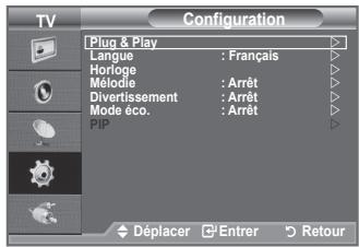Configuration Plug & Play Langue : Français Horloge Mélodie : Arrêt Divertissement : Arrêt Mode éco. : Arrêt PIP Déplacer Enterer Retour
