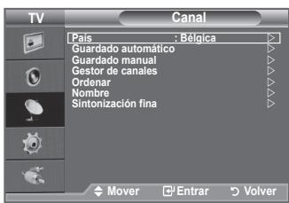 TV Canal Pais : Bélgica Guardado automático Guardado manual Gestor de canales Ordenar Nombre Sintonización fina Mover Entrar Volver