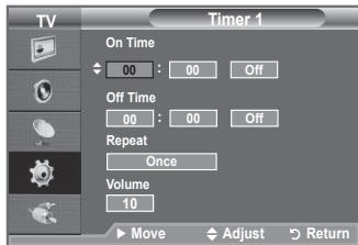 Timer 1 On Time 00 : 00 Off Off Time 00 : 00 Off Repeat Once Volume 10 ▶ Move ▼ Adjust ▶ Return