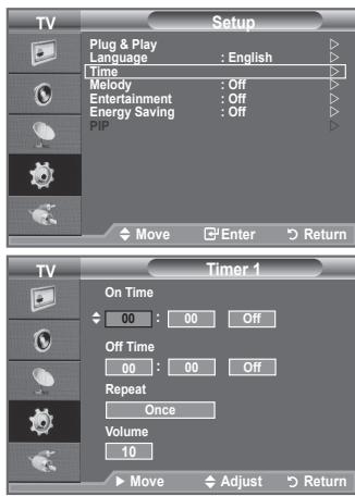 Setup Plug & Play : English ▷ Language Time Melody : Off ▷ Entertainment : Off ▷ Energy Saving : Off ▷ PIP Move Enter Return Timer 1 On Time 00 : 00 Off Off Time 00 : 00 Off Repeat Once Volume 10 Move Adjust Return
