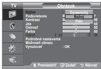 Obrázok Režim : Dynamický Podsvietenie Bežný 7 Kontrast Film 95 Jas 45 Ostroš 1 50 Farba 1 50 Cubro 7 50 C 50 Podrobné nastavenia Možností obrazu Vynulovat' : OK Premiestníť Zadat' Návrat