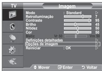 TV Imagem Modo : Standard Retroluminação 7 Contraste 95 Brilho 45 Nitidez 50 Cor 50 Voliz Vr 50 Vm 50 Definições detalhadas > Opções de imagem > Reiniciar : OK Mover Enter Voltar
