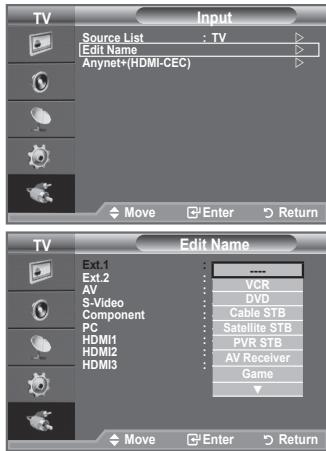 TV Source List : TV Edit Name Anynet+(HDMI-CEC) Move Enter Return TV Edit Name Ext.1 Ext.2 AV S-Video Component PC HDMI1 HDMI2 HDMI3 VCR DVD Cable STB Satellite STB PVR STB AV Receiver Game Move Enter Return
