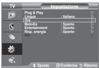 TV Impostazione Plug & Play Lingua : Italiano Ora Melodia : Spento Entertainment : Spento Risp. energia : Spento PIP Sposta Conferma Ritorno