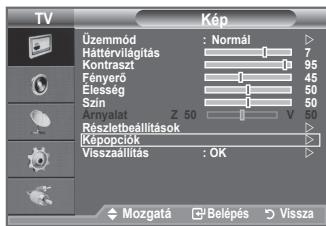TV Kép Üzemmód : Normál Háttérvilágítás 7 Kontraszt 95 Fényerő 45 Elesség 50 Szín 50 Ánylat Z 50 V 50 Részletbeállítások Képopciók Visszaállítás : OK Mozgatá Belépés Vissza