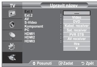 TV Ext.1 Ext.2 AV S-Video Component PC HDMI1 HDMI2 HDMI3 Upravit název Video DVD Kabel. receiver Sat. receiver PVR STB AV receiver Hra Posunuti Zadat Zpět