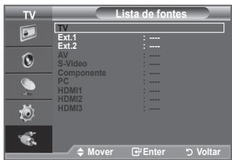 Lista de fontes TV Ext.1 Ext.2 AV S-Video Componente PC HDMI1 HDMI2 HDMI3 Mover Enter Voltar