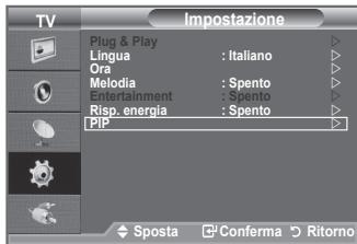 TV Impostazione Plug & Play Lingua : italiano Ora Melodia :Spento Entertainment :Spento Risp. energia :Spento PIP Sposta Conferma Ritorno