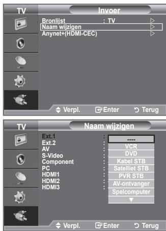TV Bronlist : TV Naam wijzigen Anynet+(HDMI-CEC) Verpl. Enter Terug TV Naam wijzigen Ext.1 Ext.2 AV S-Video Component PC HDMI1 HDMI2 HDMI3 VCR DVD Kabel STB Satelliet STB PVR STB AV-ontvanger Spelcomputer Verpl. Enter Terug