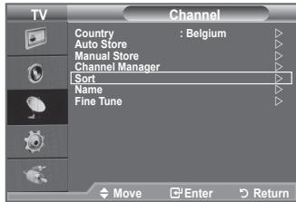 TV Channel Country : Belgium Auto Store Manual Store Channel Manager Sort Name Fine Tune Move Enter Return