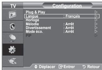 Configuration Plug & Play Langue : Français Horfoge Mélodie : Arrêt Divertissement : Arrêt Mode éco. : Arrêt PIP Déplacer Entrer Retour