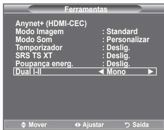 Ferramentas Anynet+ (HDMI-CEC) Modo Imagem : Standard Modo Som : Personalizar Temporizador : Deslig. SRS TS XT : Deslig. Poupança energ. : Deslig. Dual I-II Mono Mover Ajustar Saída