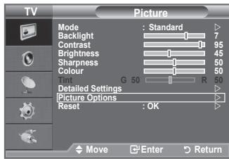 TV Picture Mode : Standard Backlight 7 Contrast 95 Brightness 45 Sharpness 50 Colour 50 To G 50 R 50 Detailed Settings Picture Options Reset : OK Move Enter Return