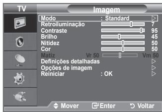 TV Imagem Modo : Standard Retrolluminação 7 Contraste 95 Brilho 45 Nilidez 50 Cor. 60 Voltiz Vr 50 Vm 50 Definições detalhadas > Opções de imagem > Reiniciar : OK Mover Enter Voltar