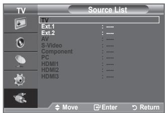 TV Source List TV Ext.1 : --- Ext.2 : --- AV : --- S-Video : --- Component : --- PC : --- HDMI1 : --- HDMI2 : --- HDMI3 : ---