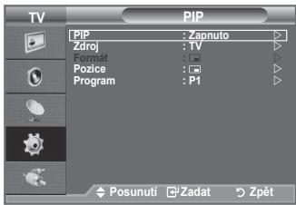 TV PIP PIP : Zapnuto Zdroj : TV Format : Požice : Program : P1 Posunuti Zadat Zpět