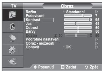 TV Režim : Standardní Podsvicení Kontrast Jás Ostrost Barvy Obrin Z 50 Podrobné nastavení Obraz - možnosti Obnovit : OK Posunutí Zadat Zpět