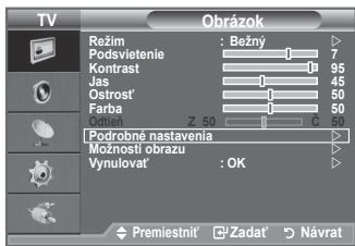 Obrázok Režim : Bežný Podsvietenie 7 Kontrast 95 Jas 45 Ostrost 50 Farba 50 Globat Z 50 C 50 Podrobné nastavenia Možnosti obrazu Vynulovat' : OK Premiestníť Zadat' Návrat