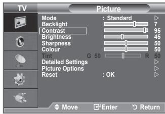 TV Picture Mode : Standard Backlight 7 Contrast 95 Brightness 45 Sharpness 50 Colour 50 Tin G 50 R 50 Detailed Settings Picture Options Reset : OK Move Enter Return