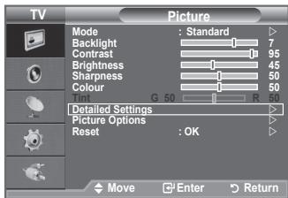 TV Picture Mode : Standard Backlight 7 Contrast 95 Brightness 45 Sharpness 50 Colour 50 Tin G 50 R 50 Detailed Settings Picture Options Reset : OK Move Enter Return