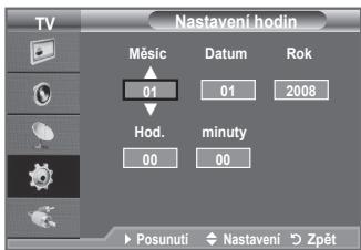 TV Nastavení hodin Měsíc Datum Rok 01 01 2008 Hod. minuty 00 00 Posunutí Nastavení Zpět